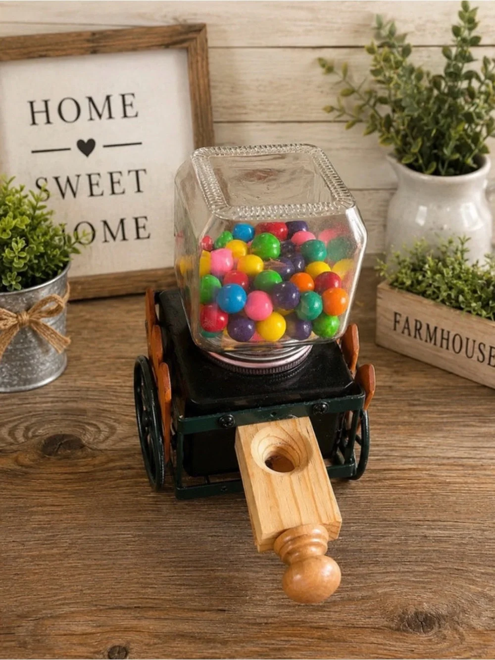 Rustic Wooden Tricycle Candy Jar - Multicolor Gumballs
